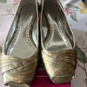 BCBGirls Gold Metallic Peep-Toe Heels